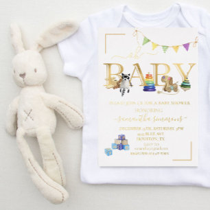 Invitation En Aluminium Bébé Shower Vintage Jouet en feuille d'or réelle