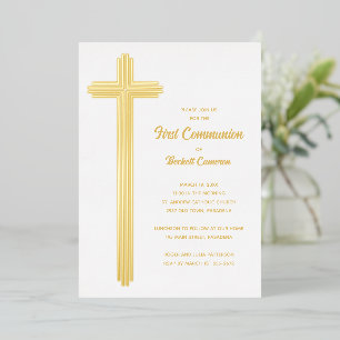 Invitation En Aluminium Belle Croix Première Communion Or