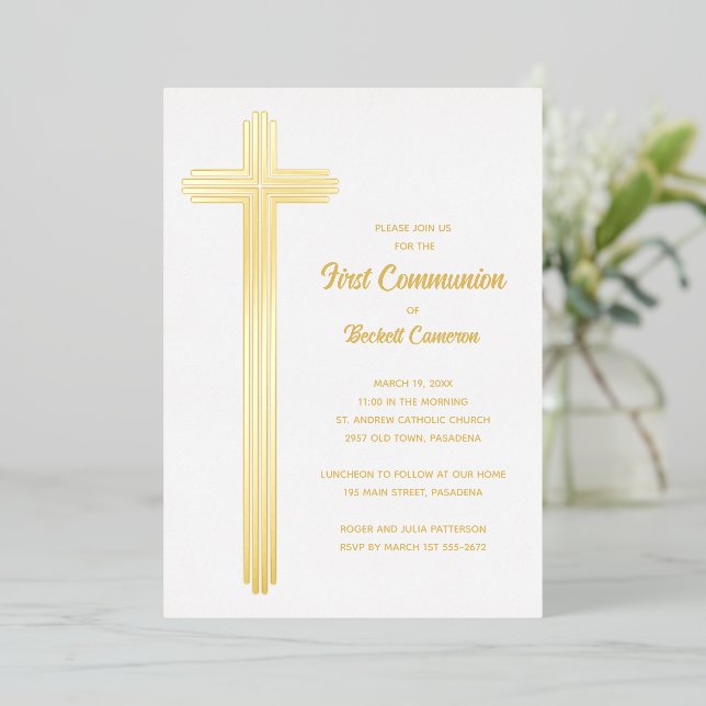 Invitation En Aluminium Belle Croix Première Communion Or (Debout devant)