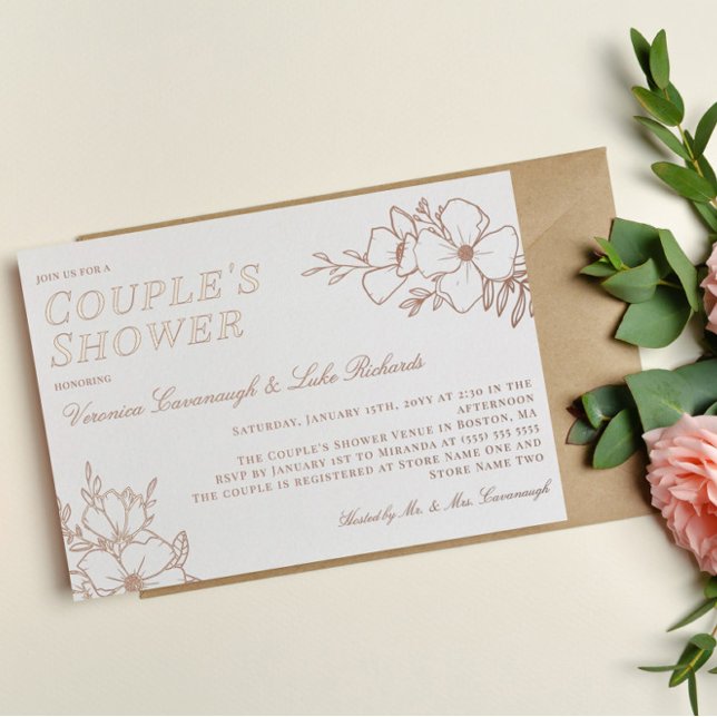 Invitation En Aluminium Belle Rose Gold Floral LineArt Couple's Shower (Créateur téléchargé)