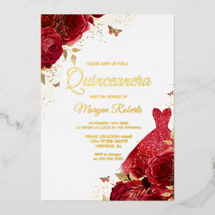 Invitation En Aluminium Belle Roses Rouges & Robe Or Huile Quinceanera