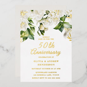 Invitation En Aluminium Belles Fleurs Blanches & Or 50e Anniversaire