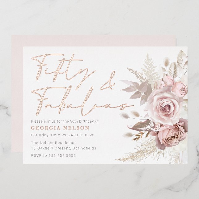 Invitation En Aluminium Belles Fleurs Bleues 50e Anniversaire Rose Or (Recto/Verso)