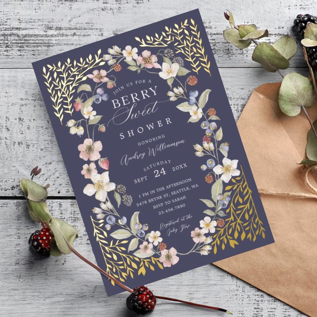 Invitation En Aluminium Berry Baby shower doux Fleurs et baies sauvages (Berry Sweet Baby Shower Wild Berries & Flowers Foil Invitation)