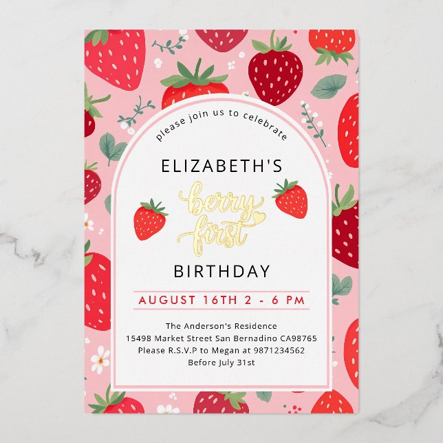 Invitation En Aluminium Berry First Cust 1er Birthday Strawberry Photo (Recto)