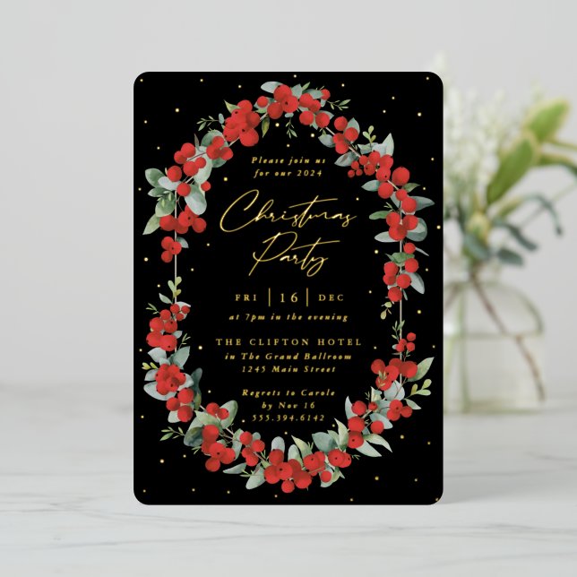 Invitation En Aluminium Berry rouge de luxe + Fête de Noël Eucalyptus (Debout devant)