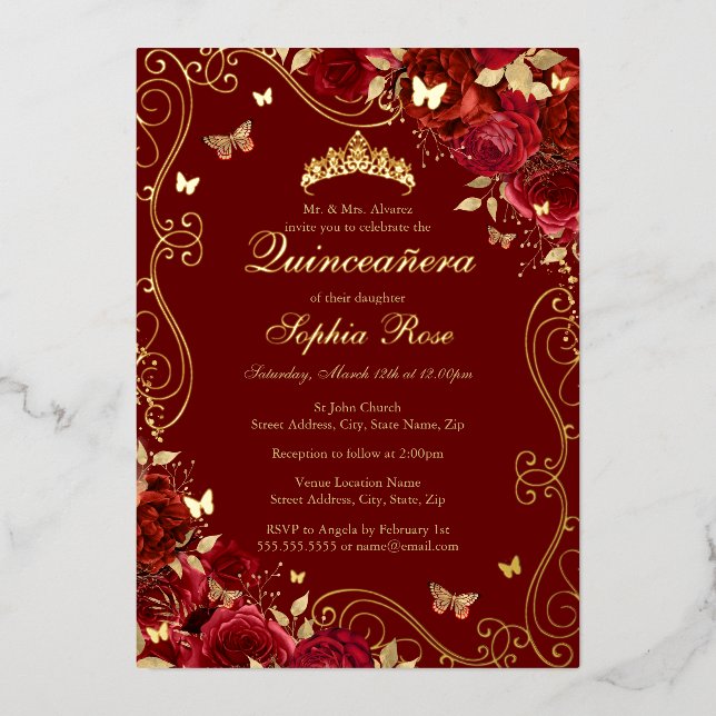 Invitation En Aluminium Beurre à bille rouge floral Quinceanera (Recto)