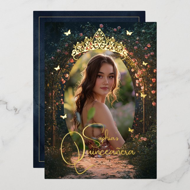 Invitation En Aluminium Beurre d'or fleuri du jardin Photo Quinceanera (Recto/Verso)