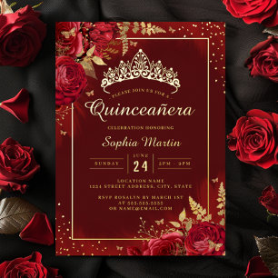 Invitation En Aluminium Beurre d'or rouge Quinceanera Floral