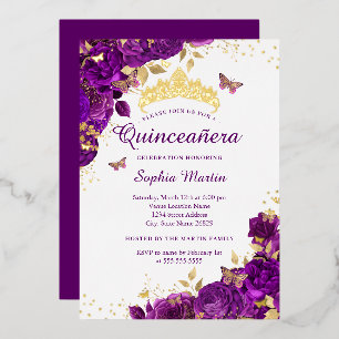Invitation En Aluminium Beurre Fleur Élégant Violet Quinceanera