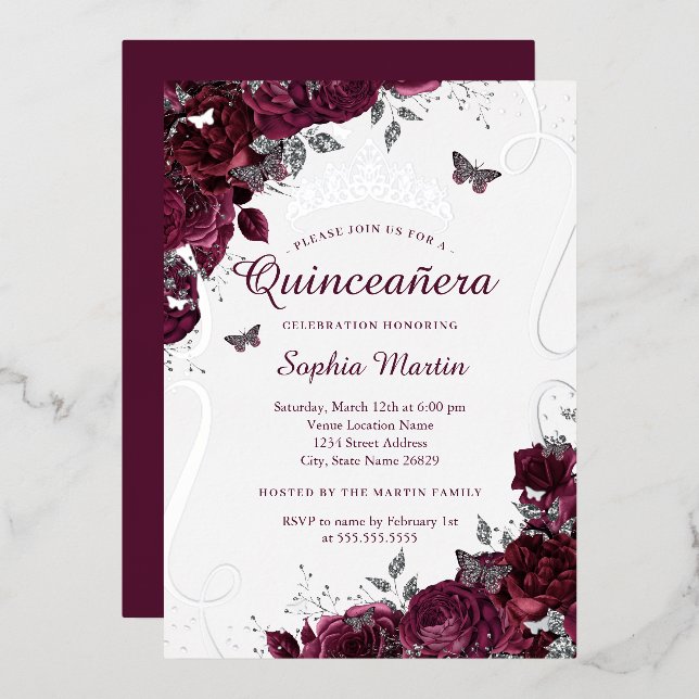 Invitation En Aluminium Beurre floral Elégant Bourgogne Quinceanera (Recto/Verso)