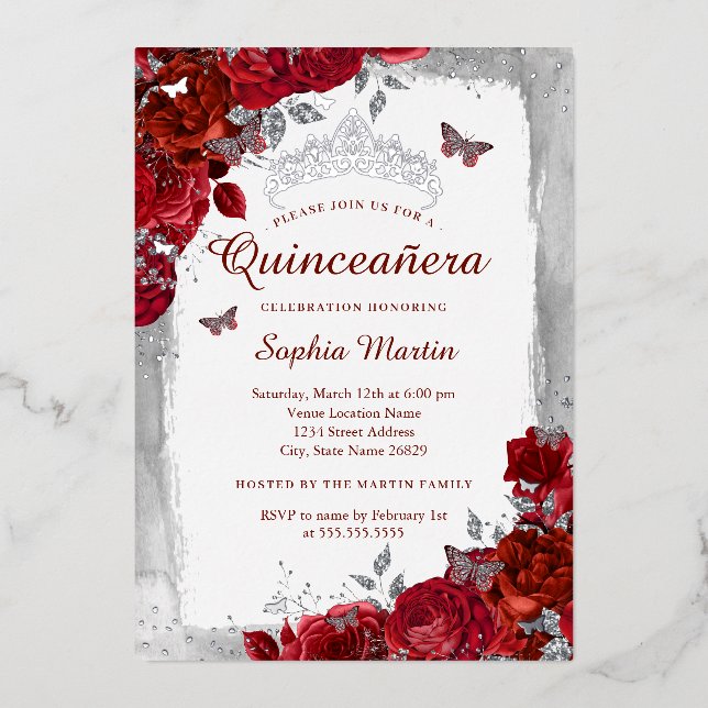 Invitation En Aluminium Beurre floral élégant rouge Quinceanera (Recto)