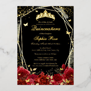 Invitation En Aluminium Beurre floral noir d'or rouge Tiara Quinceanera