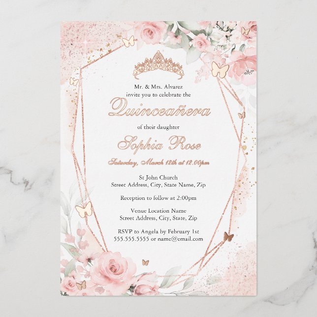Invitation En Aluminium Beurre rose or rose rose Floral Quinceanera (Recto)