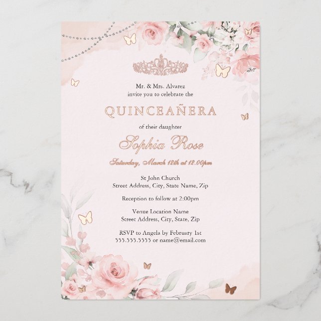 Invitation En Aluminium Beurre rose pâle Rose bleu Quinceanera 15e (Recto)