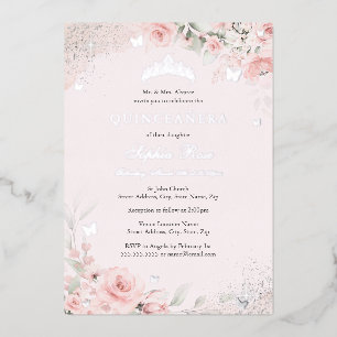 Invitation En Aluminium Beurre rose pâle Rose papillon argent Quinceanera