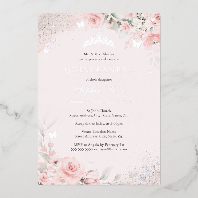 Invitation En Aluminium Beurre rose pâle Rose papillon argent Quinceanera (Recto)