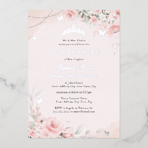Invitation En Aluminium Beurre rose pâle Rose papillon argent Quinceanera