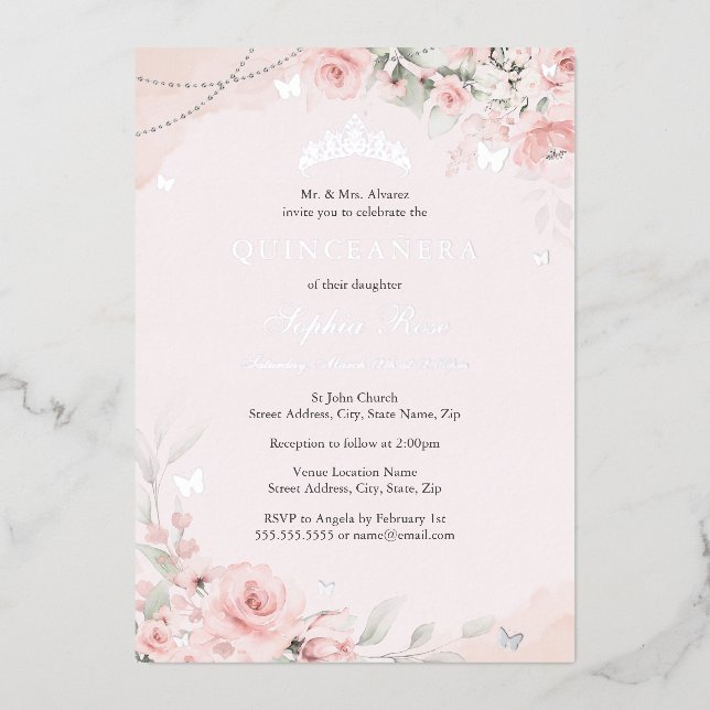 Invitation En Aluminium Beurre rose pâle Rose papillon argent Quinceanera (Recto)