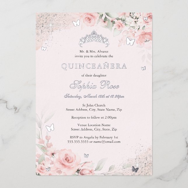 Invitation En Aluminium Beurre rose pâle Rose papillon argent Quinceanera (Recto)