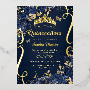 Invitation En Aluminium Beurre Royal Navy Flower Gold Quinceanera