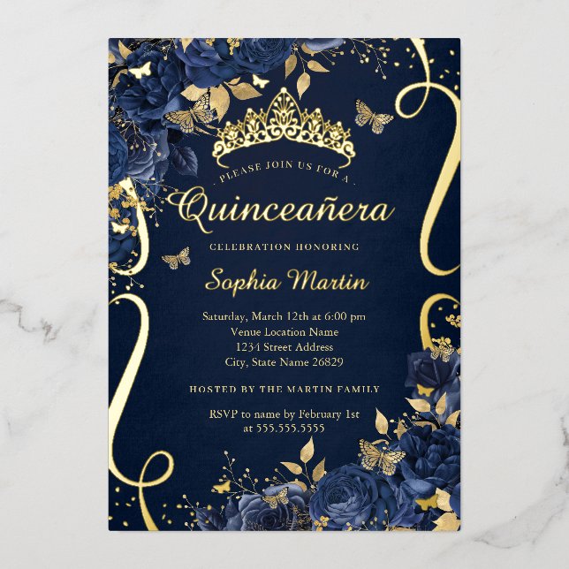 Invitation En Aluminium Beurre Royal Navy Flower Gold Quinceanera (Recto)