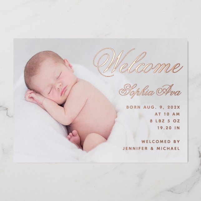 Invitation En Aluminium Bienvenue Baby Birth Photo Élégant Script Rose Gol (Recto)