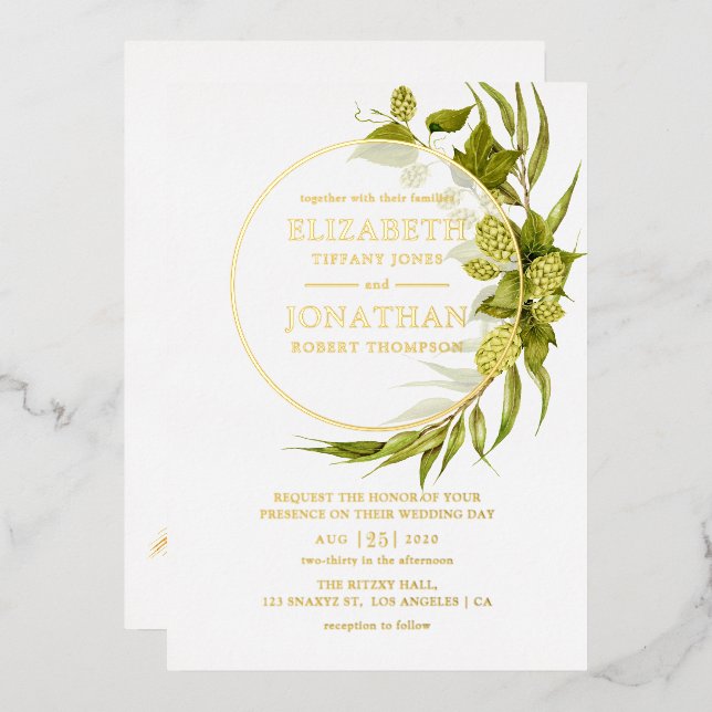 Invitation En Aluminium Bière Willow Greenery Gold Mariage géométrique (Recto/Verso)