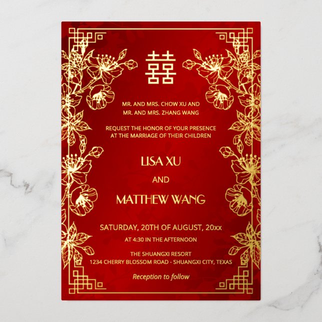 Invitation En Aluminium  BILINGUAL Gold Frame Red Chinese Wedding (Recto)