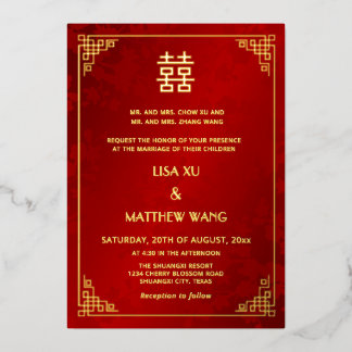 Invitation En Aluminium  BILINGUAL Gold Frame Red Chinese Wedding