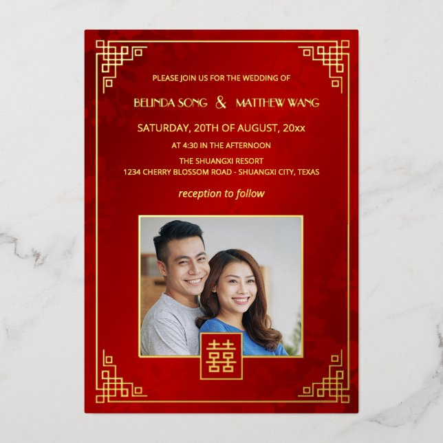 Invitation En Aluminium BILINGUAL Photo Red Gold Chinese Wedding (Recto)