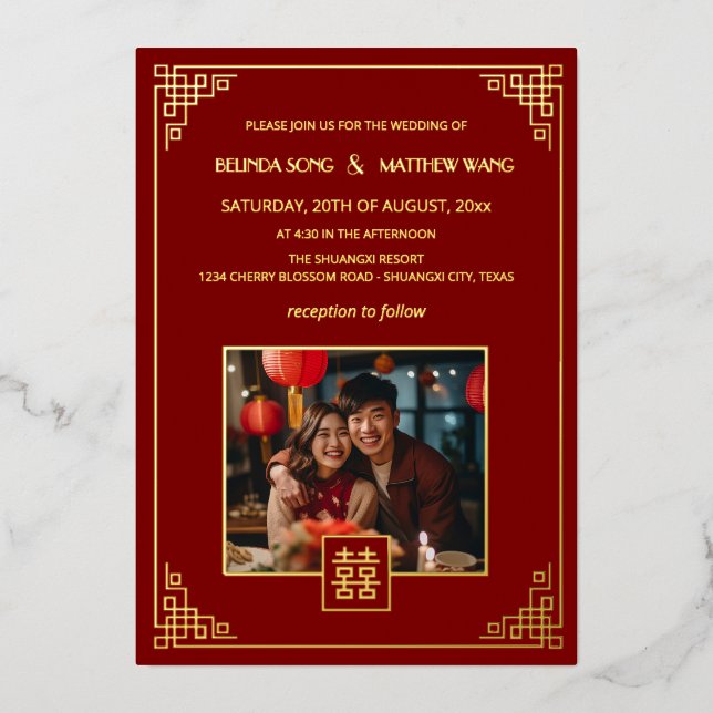 Invitation En Aluminium BILINGUAL Photo Red Gold Chinese Wedding (Recto)