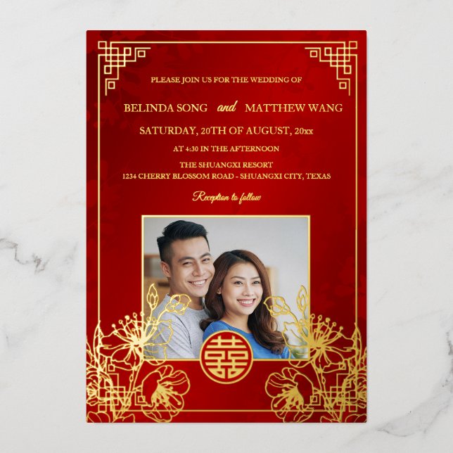 Invitation En Aluminium BILINGUAL Photo Red Gold Chinese Wedding (Recto)