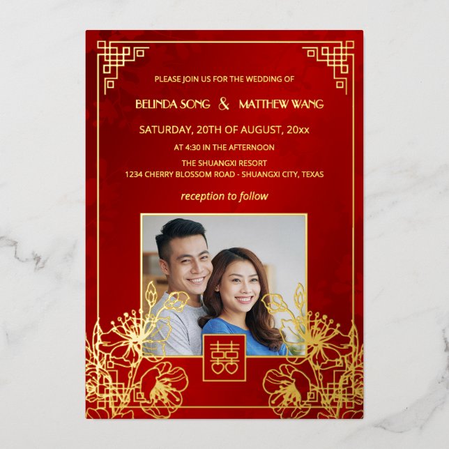 Invitation En Aluminium BILINGUAL Photo Red Gold Chinese Wedding (Recto)