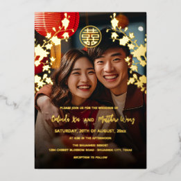 Invitation En Aluminium BILINGUAL Photo Rouge or Mariage chinois
