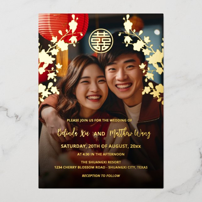 Invitation En Aluminium BILINGUAL Photo Rouge or Mariage chinois (Recto)