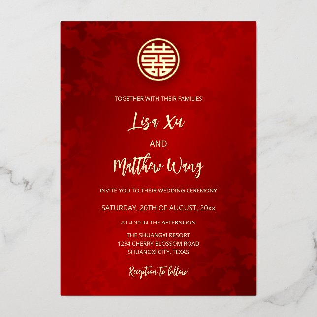 Invitation En Aluminium BILINGUE | Mariage chinois rouge moderne (Recto)
