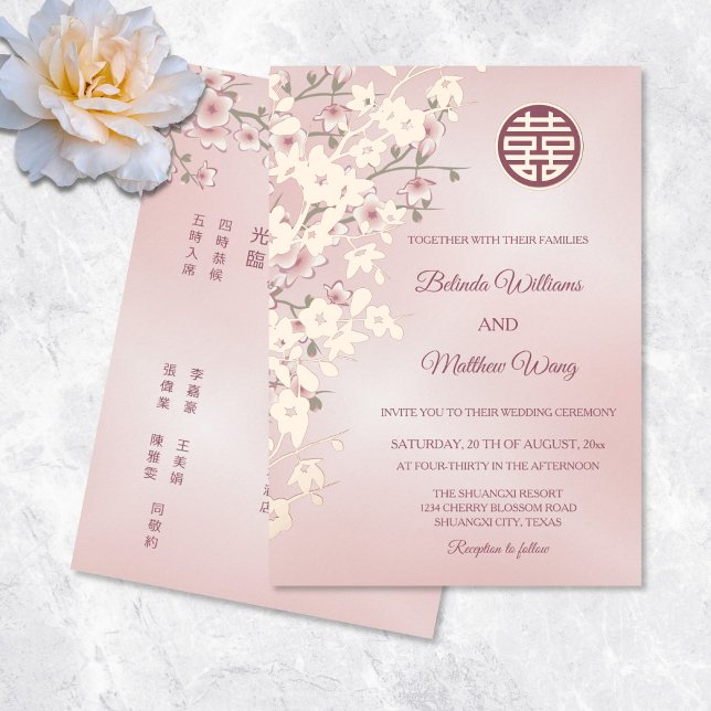 Invitation En Aluminium BILINGUE | Rose Gold Poussiéreux Rose Chinois Mari (Créateur téléchargé)