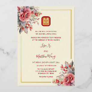 Invitation En Aluminium BILINGUE   Roses Or Mariage Chinois