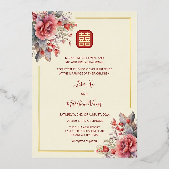 Invitation En Aluminium BILINGUE | Roses Or Mariage Chinois (Recto)