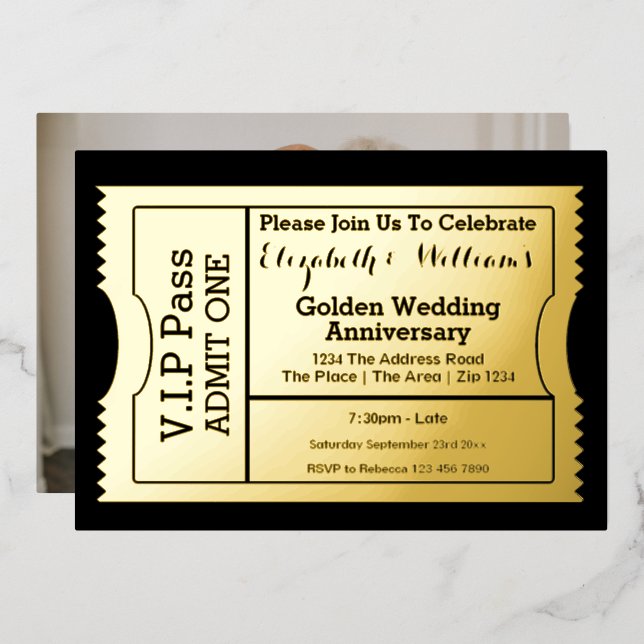 Invitation En Aluminium Billet d'anniversaire du Mariage d'or VIP Pass (Recto/Verso)
