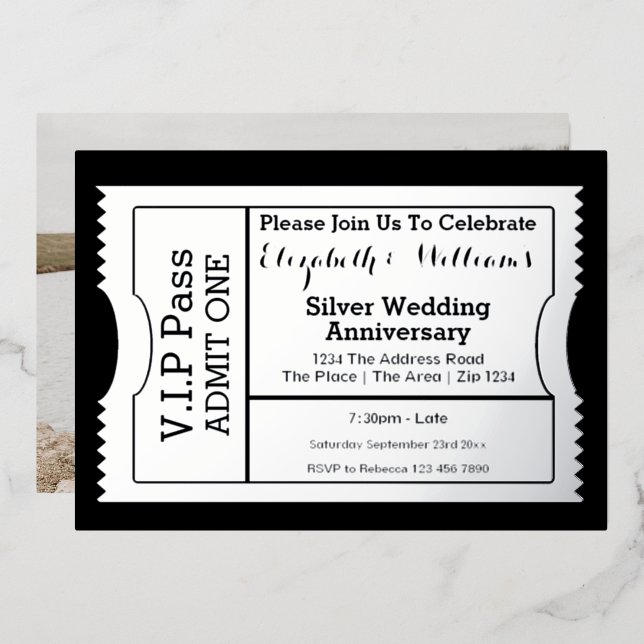 Invitation En Aluminium Billet VIP Pass Anniversaire de Mariage Argent (Recto/Verso)