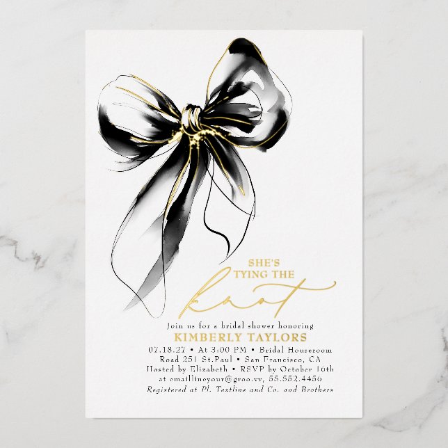 Invitation En Aluminium Black and Gold Bow Elegant Whimsical Bridal Shower (Recto)