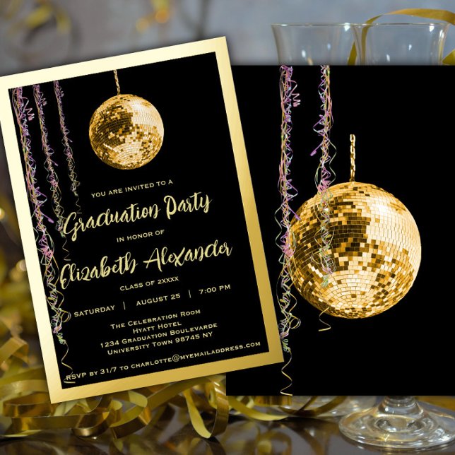 Invitation En Aluminium Black and Gold Disco Ball Seventies Graduation (Créateur téléchargé)