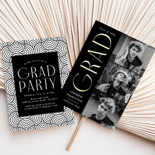Invitation En Aluminium Black and Gold Foil 3 Photo Graduation Party