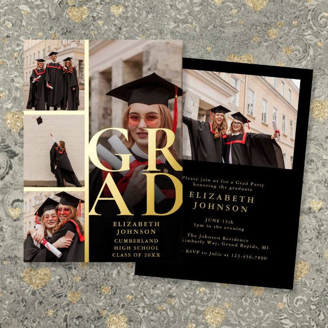 Invitation En Aluminium Black And Gold Photo Collage Party de graduation (Black And Gold Photo Collage Graduation Party Foil Invitation)