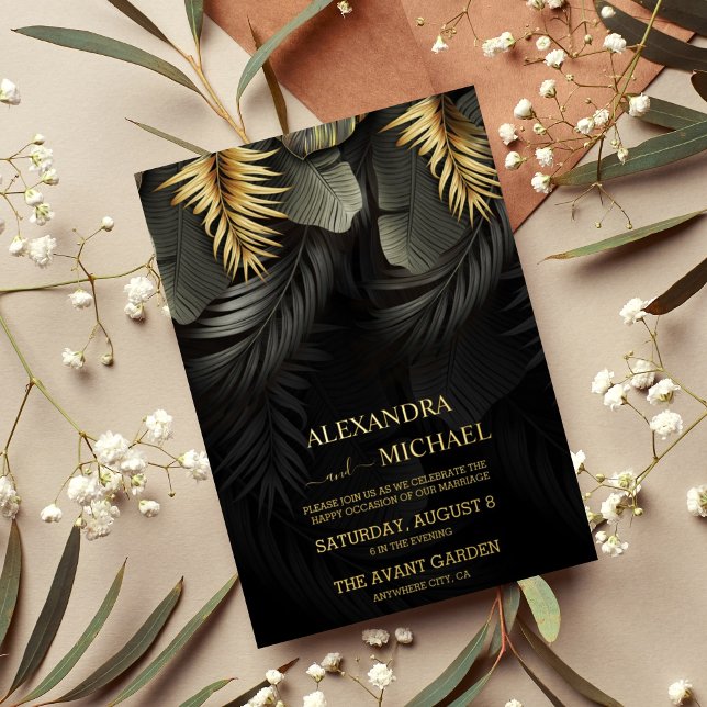 Invitation En Aluminium Black and Gold Tropical Destination Mariage Foil I (Créateur téléchargé)