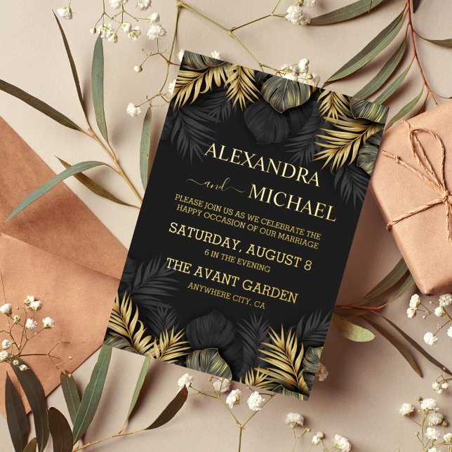 Invitation En Aluminium Black and Gold Tropical Destination Wedding Invit (Créateur téléchargé)