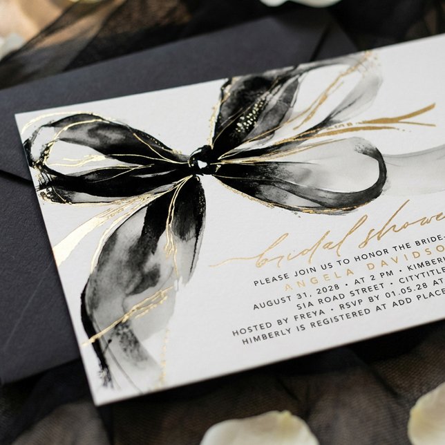 Invitation En Aluminium Black Bow Elegant Romantic Modern Bridal Shower (Black Bow Gold Foil Bridal Shower Invitation)