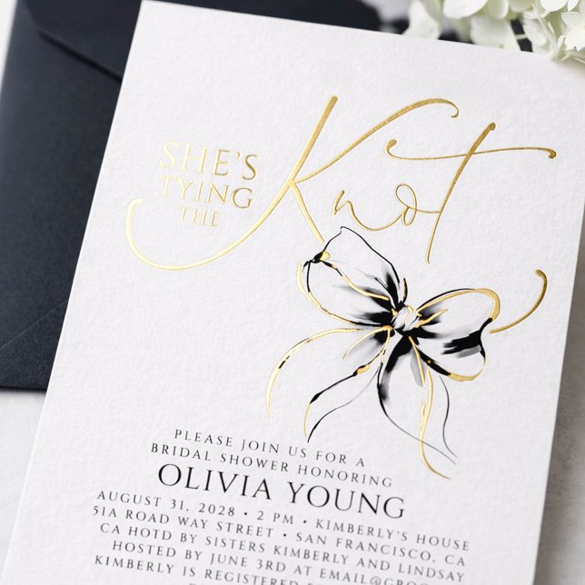 Invitation En Aluminium Black Bow She's Tying The Knot Bridal Shower (Black Bow Bridal Shower Invitations)